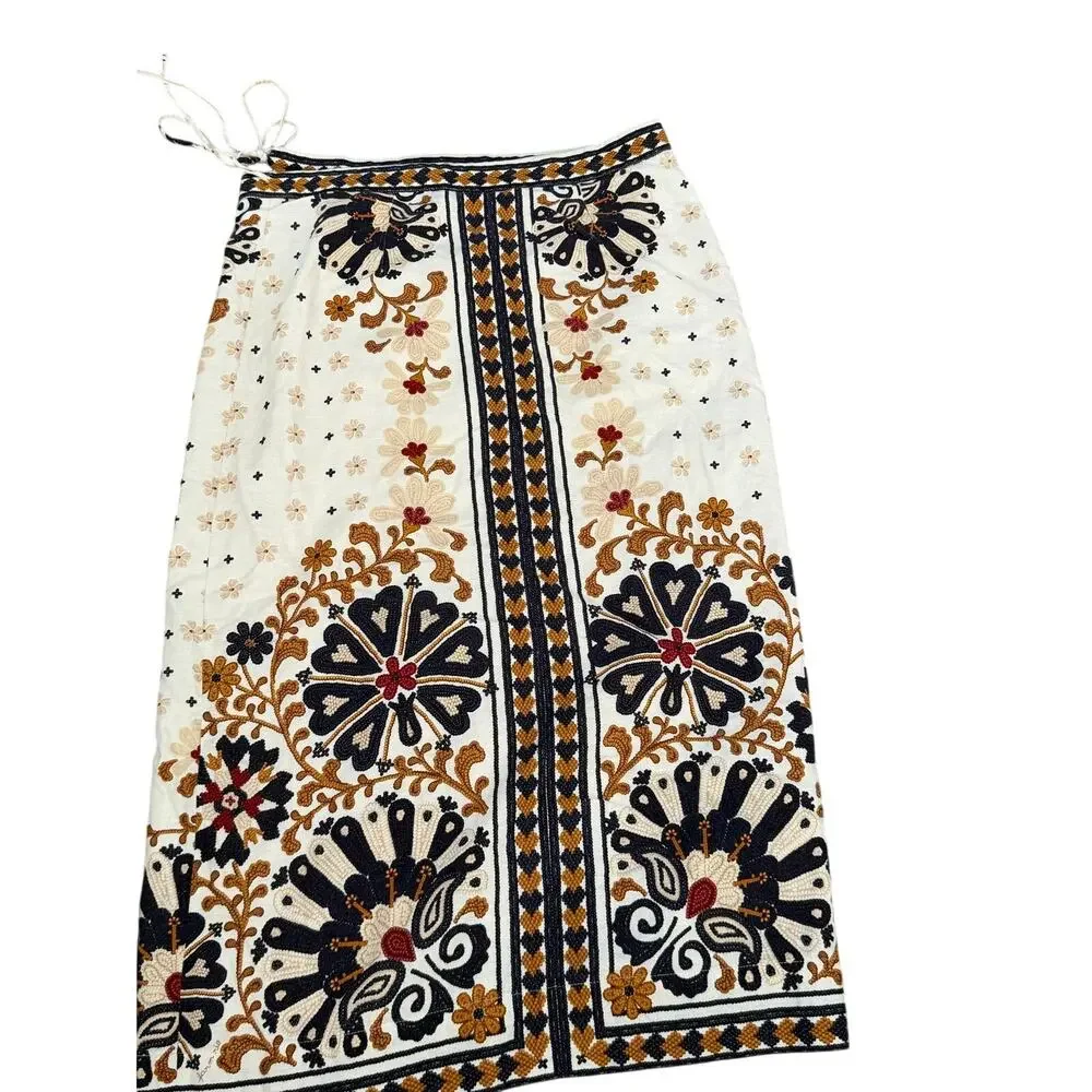 Farm Rio Wrap Midi Skirt Size L Off White Linen Flower Fan Tapestry Tie-Waist